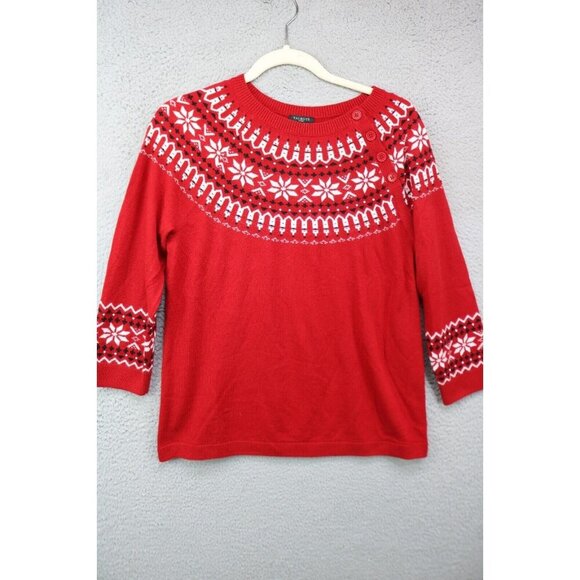 Talbots Petites Red Fair Isle Sequins 3/4 Sleeves Sweater-Lambs Wool Blend-Large - Picture 1 of 9